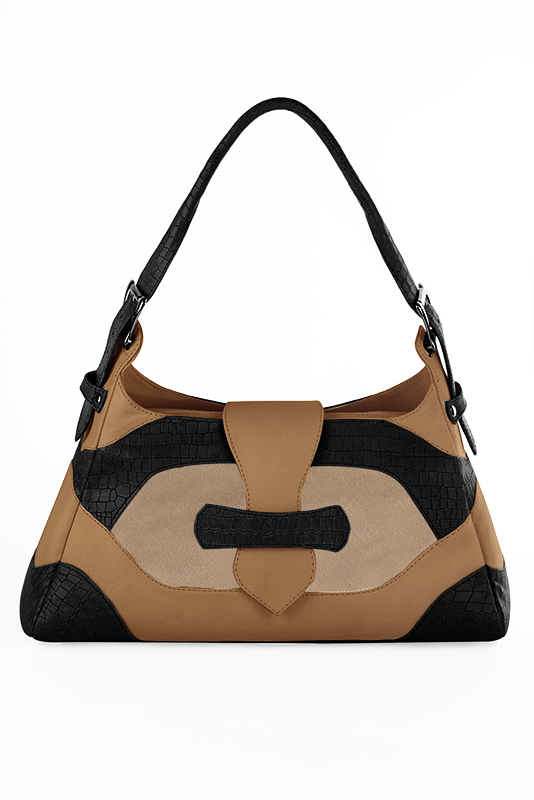 Satin black and tan beige women's dress handbag, matching pumps and belts. Top view - Florence KOOIJMAN